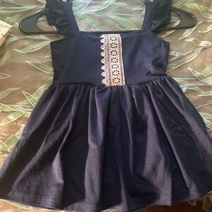 SOLD Little Girls Navy Blue Dress with ivory Lace Detail & Pockets- Size 12/18m-
